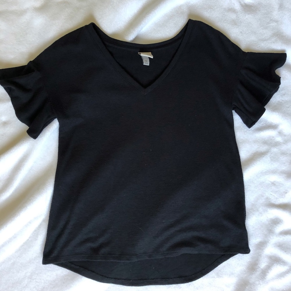 A New Day - Black Cotton Ruffle Sleeve Top - XS